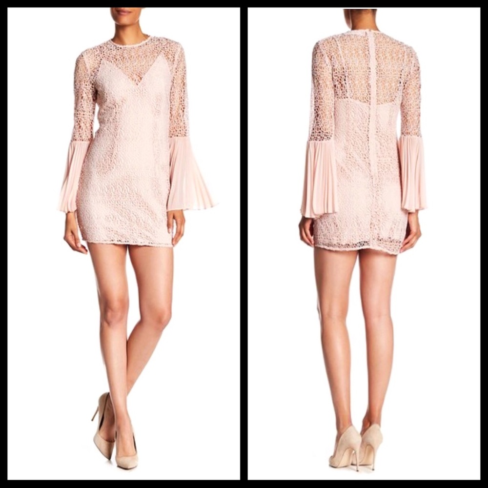 Keepsake blush lace overlay flare sleeve dress